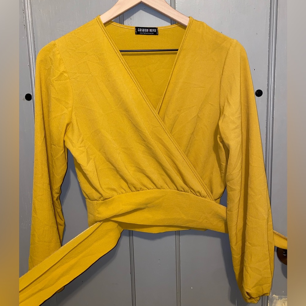 Fashion Nova Wrap Blouse - Yellow Long Sleeve